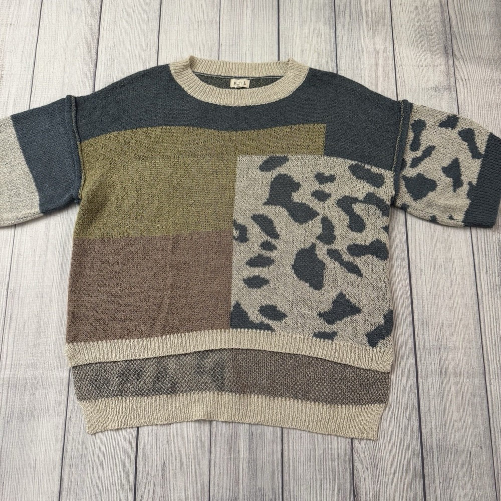 POL Leopard Colorblock Oversized Sweater Beige Blue Brown Women's Size Small